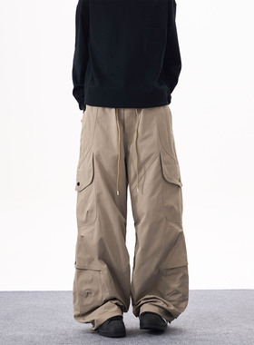 KYNOS 美式高街多口袋工装机能裤男女松紧腰抽绳宽松休闲直筒长裤