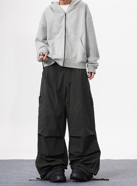 KYNOS 美式复古大口袋工装裤男女松紧腰高街嘻哈宽松阔腿拖地长裤