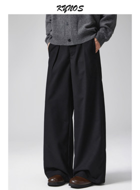 KYNOS 美式复古老钱风褶皱毛呢西裤男女宽松百搭休闲阔腿垂感长裤
