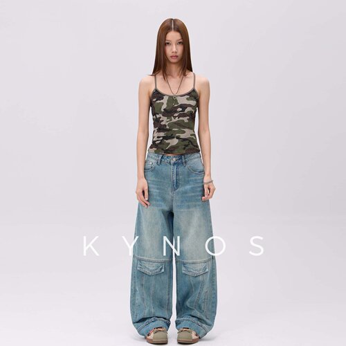 KYNOS 美式高街复古水洗分割拼接牛仔裤男女宽松休闲阔腿垂感长裤