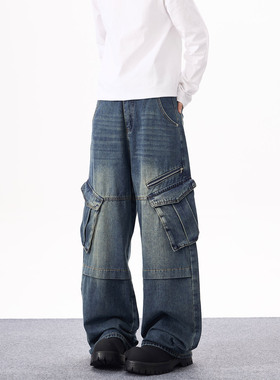 KYNOS 美式复古新款水洗大口袋牛仔裤男女宽松做旧阔腿直筒工装裤