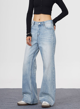 KYNOS 美式复古水洗猫须做旧蓝色牛仔裤男女宽松垂感百搭拖地长裤