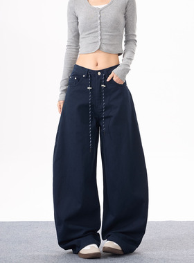 KYNOS 美式街头纯色抽绳设计弯刀裤男女宽松阔腿休闲百搭拖地长裤