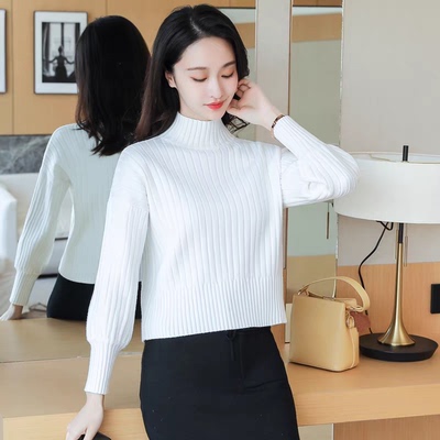 秋季新款白色宽松显瘦针织毛衣半高领灯笼袖短裤时尚休闲打底衫