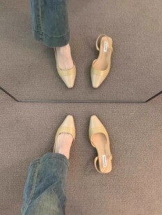 低跟包头凉鞋女法式温柔晚晚裸色尖头小香风淑女粗跟后空气质单鞋