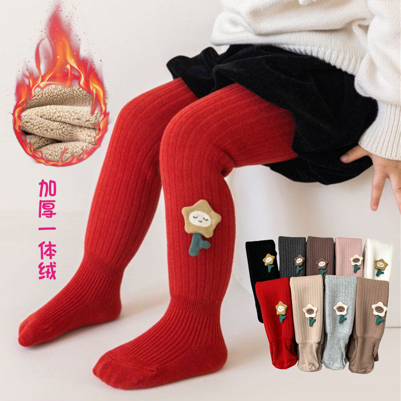男女宝宝冬季加绒加厚打底裤婴儿大红色新年连裤袜儿童女童保暖裤