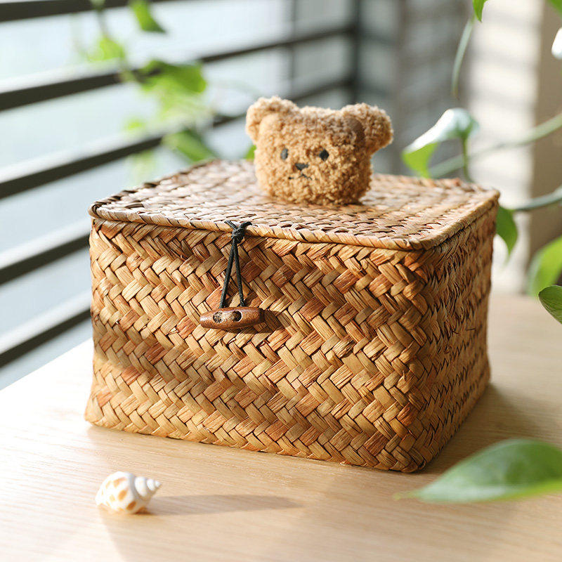 可爱小熊藤编小盒子海草收纳盒复古带盖伴手礼盒首饰盒头绳收纳筐