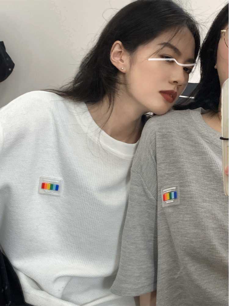 夹心蛋挞 彩色是人生的颜色！夏季日系短袖华夫格情侣装小众T恤
