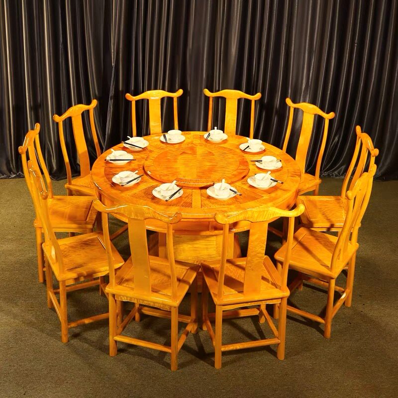 红木家具全实木圆餐桌金丝楠木家用带转盘大圆餐桌椅组合十人座位