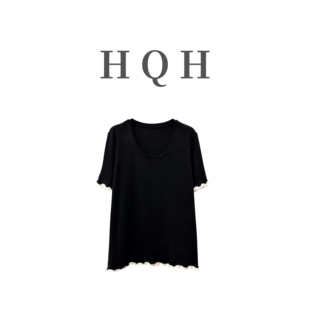 口圆领宽松显瘦打底夏季 木耳边设计感拼接袖 休闲短袖 1484