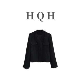 百搭外套 名媛黑色气质格纹粗花呢流苏边别致小香风时尚 3048