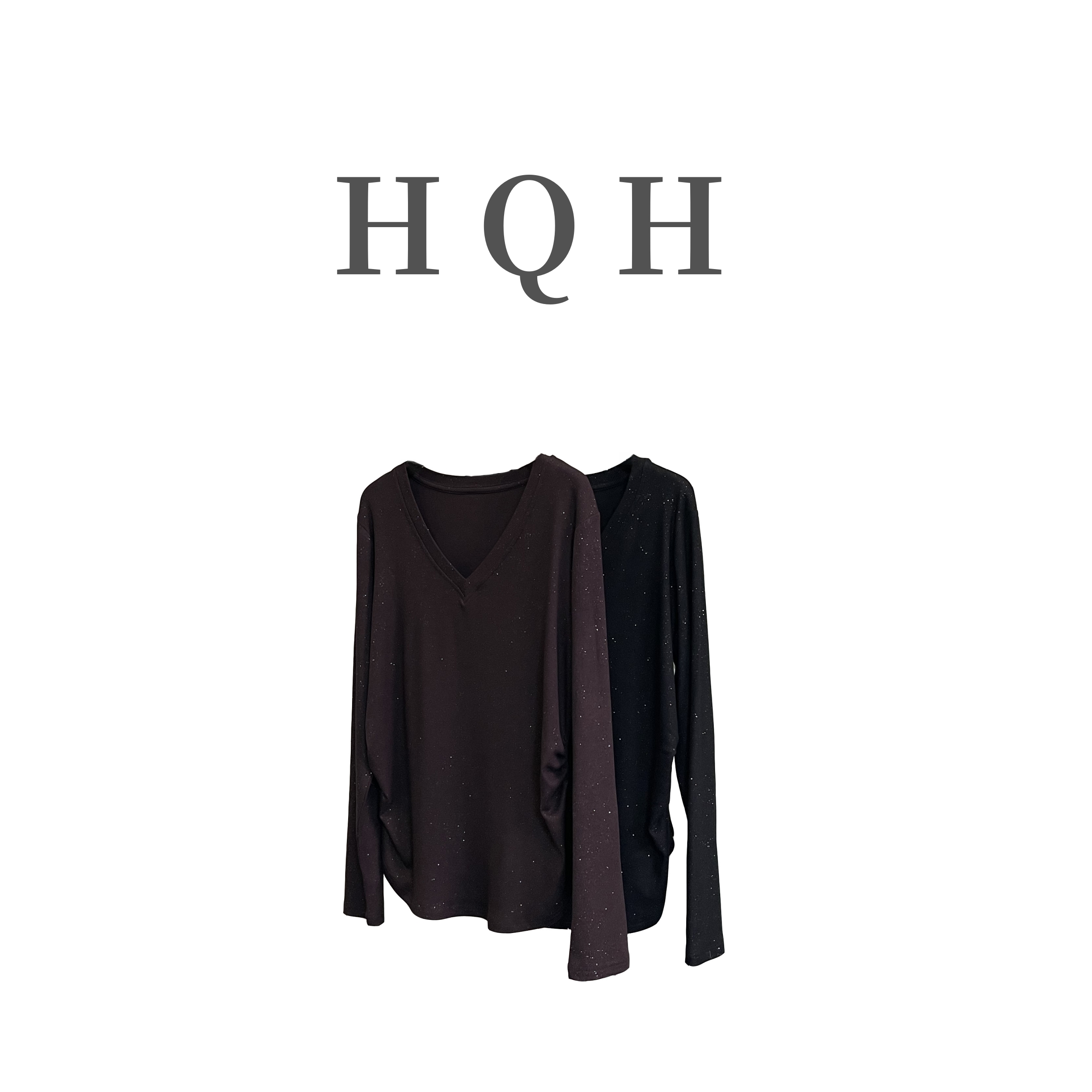 秋款V领暗闪满天星褶皱长袖T恤