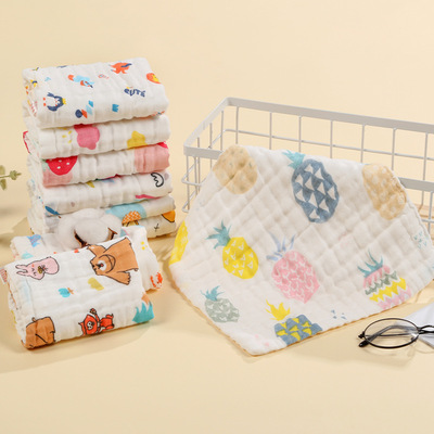 六层纱布宝宝口水巾方巾小毛巾婴儿洗脸巾印花小手帕现货