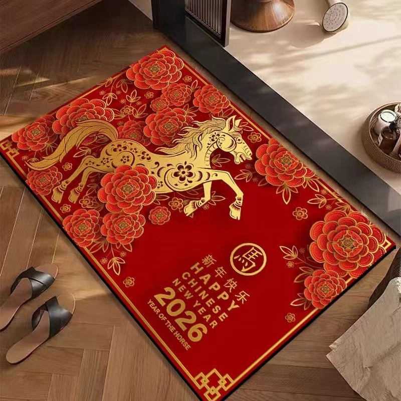 2026马年喜庆红色水晶绒地垫耐磨耐脏家用脚垫卫生间厨房玄关地毯