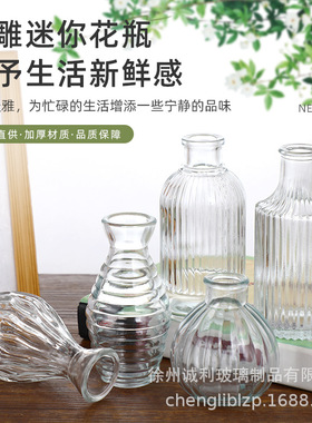 外贸轻奢浮雕玻璃花瓶透明in风插花摆件高颜值中古小花瓶