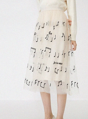 自制新款复古网纱音符刺绣半身裙浪漫仙女裙微蓬蓬裙A字百搭纱裙