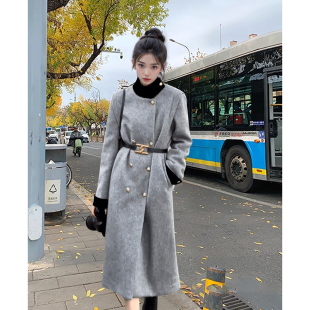 春秋新款 宽松中长款 立领双排扣呢子大衣女 气质时尚 巴黎画报
