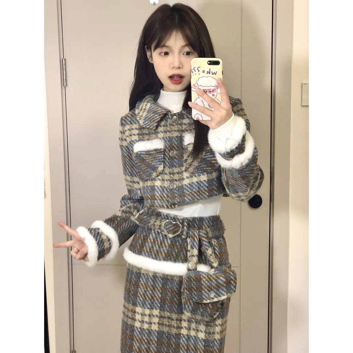 小香风穿搭复古绿色格纹毛毛拼接外套秋冬收腰修身+半身裙套装女,女装/女士精品,时尚套装,淘宝优惠券,粉丝福利购,淘宝优惠卷