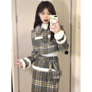 小香风穿搭复古绿色格纹毛毛拼接外套秋冬收腰修身+半身裙套装女