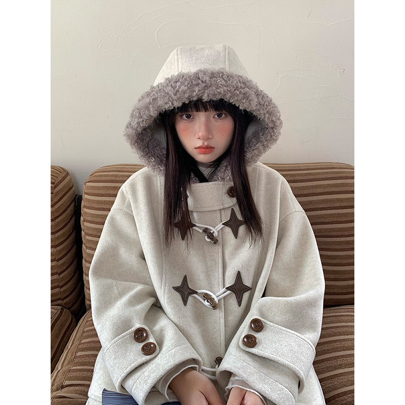 韩系学院风米灰星星连帽毛呢外套女秋冬新款小个子中长款呢子大衣,女装/女士精品,毛呢外套,淘宝优惠券,粉丝福利购,淘宝优惠卷