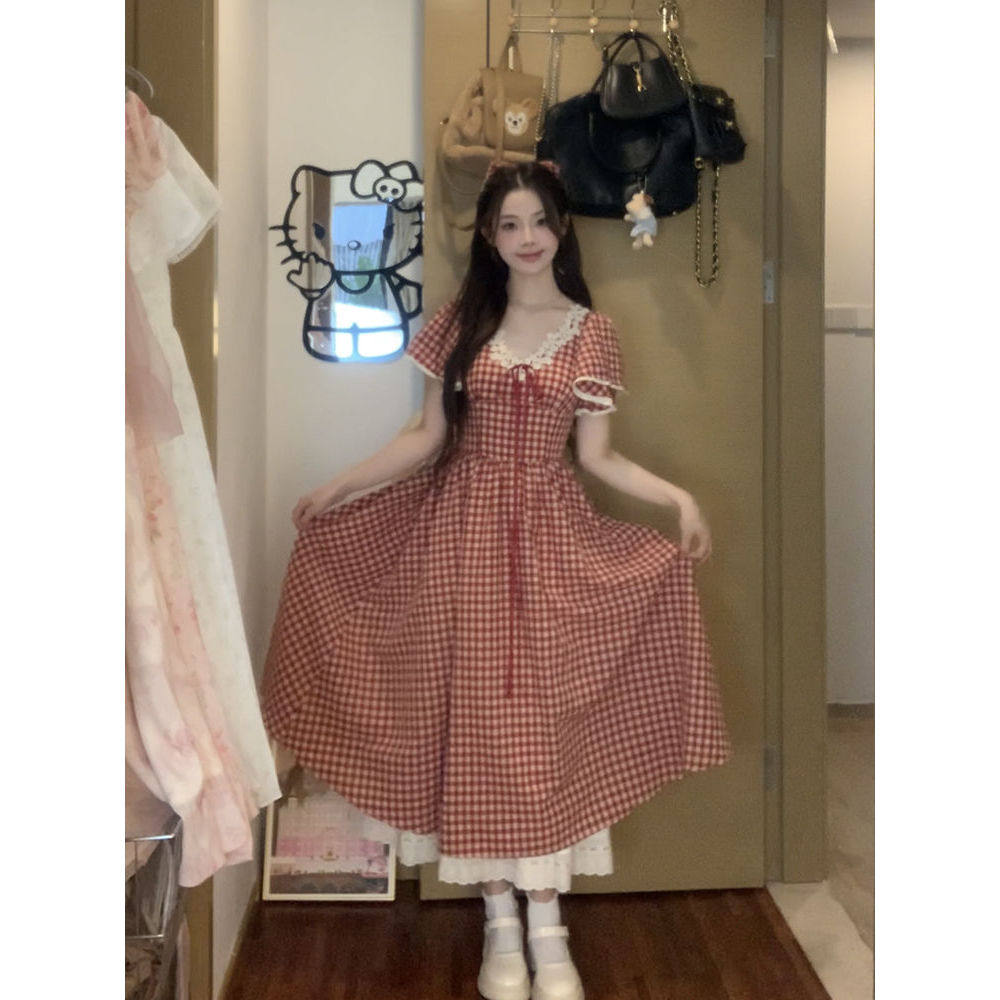 【梨甜醒】 2024法式温柔甜美风红格子连衣裙V领收腰短袖中长款裙