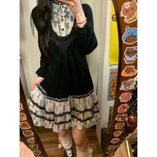 【柔雾茶歇】 日系vintage古着感拼接假两件短裙复古蕾丝边连衣裙