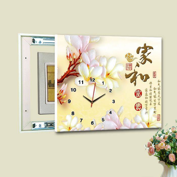 客厅配电箱简约现代壁画带钟表可推拉遮挡电表箱装饰画无框画挂钟