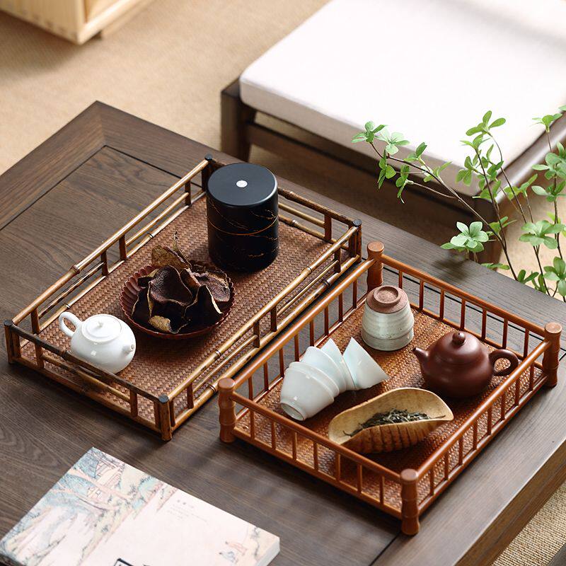 竹茶托盘竹制茶道茶具收纳盘梅鹿竹奉茶盘端茶盘茶杯配件置物架子