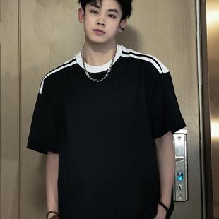 宽松纯棉上衣TEE FOMK国潮牌美式 三条杠纯色短袖 T恤男生夏季 基础款