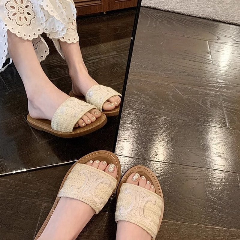 羊皮版~凯旋门刺绣编织平底拖鞋女外穿气质2025夏季新款法式凉拖,女鞋,一字拖,淘宝优惠券,粉丝福利购,淘宝优惠卷