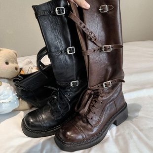 牛皮版 复古做旧骑士靴皮带扣 miu家甜酷风机车长靴女2024秋冬新款