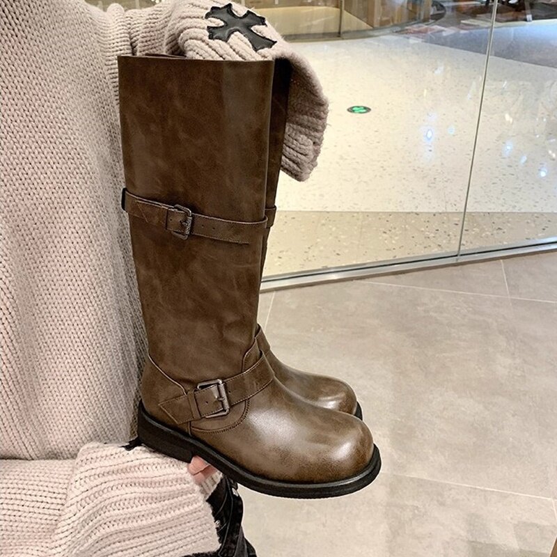 牛皮版~法式复古双扣中高筒西部长靴女2025冬季新款不过膝骑士靴