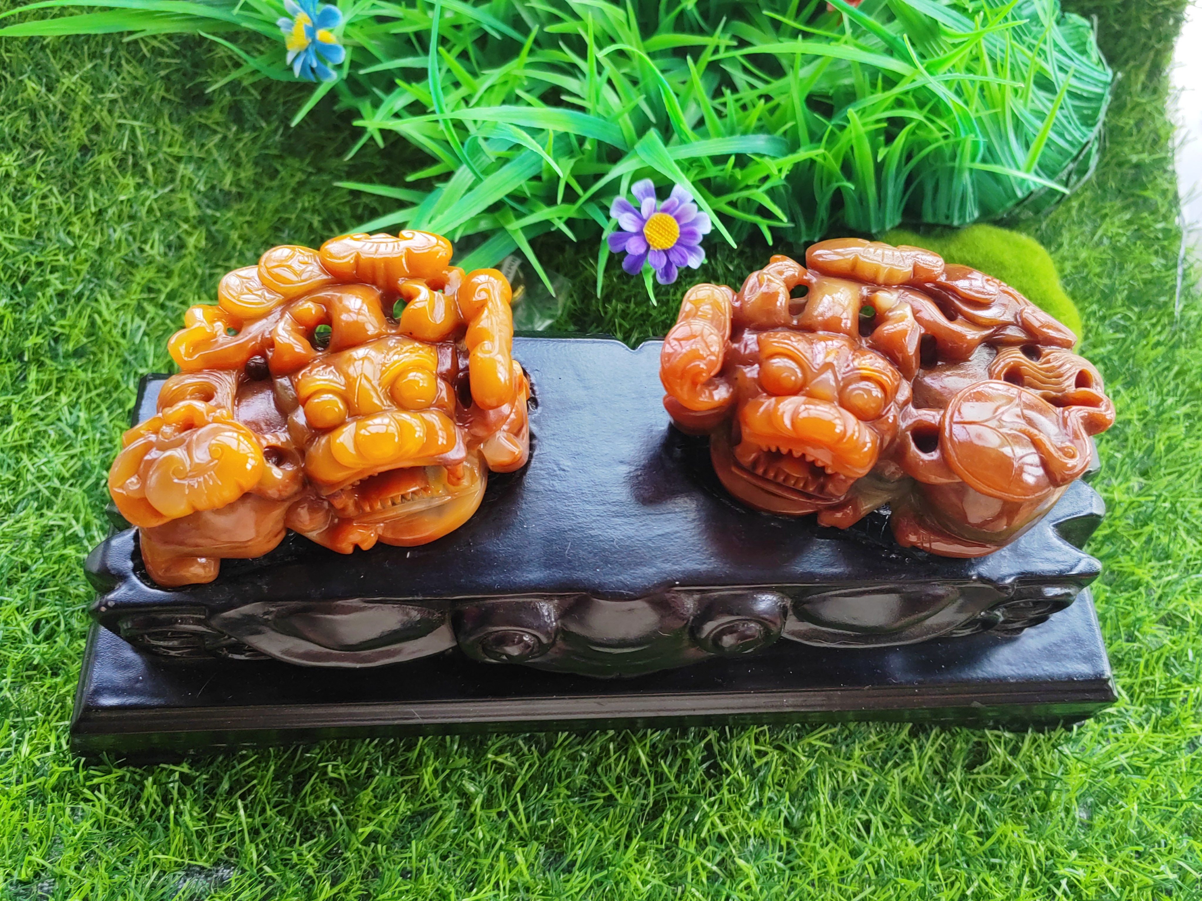 正品云南黄龙玉霸王貔貅摆件一对含底座招财转运保平安福禄寿三色