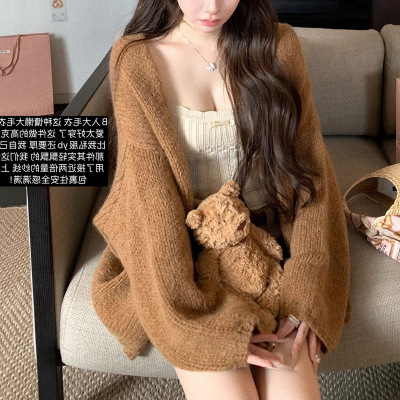 午后茶歇 挚爱克重棕色毛衣开衫2025秋季新款中长款外套女