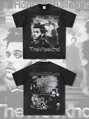 American Retro Hip-Hop the Weeknd Printed Short-Sleeve T-Shirt, Washed Heavy-Duty Long-Sleeve Crewneck Hooded Sweatshirt