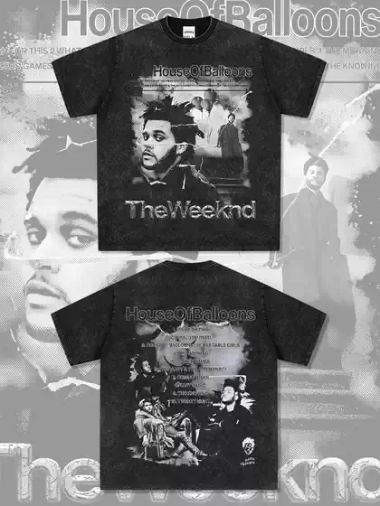 American Retro Hip-Hop the Weeknd Printed Short-Sleeve T-Shirt, Washed Heavy-Duty Long-Sleeve Crewneck Hooded Sweatshirt