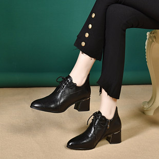 系带中跟百搭加 英伦风粗跟女鞋 蜘蛛王尖头真皮小皮鞋 2026春秋新款