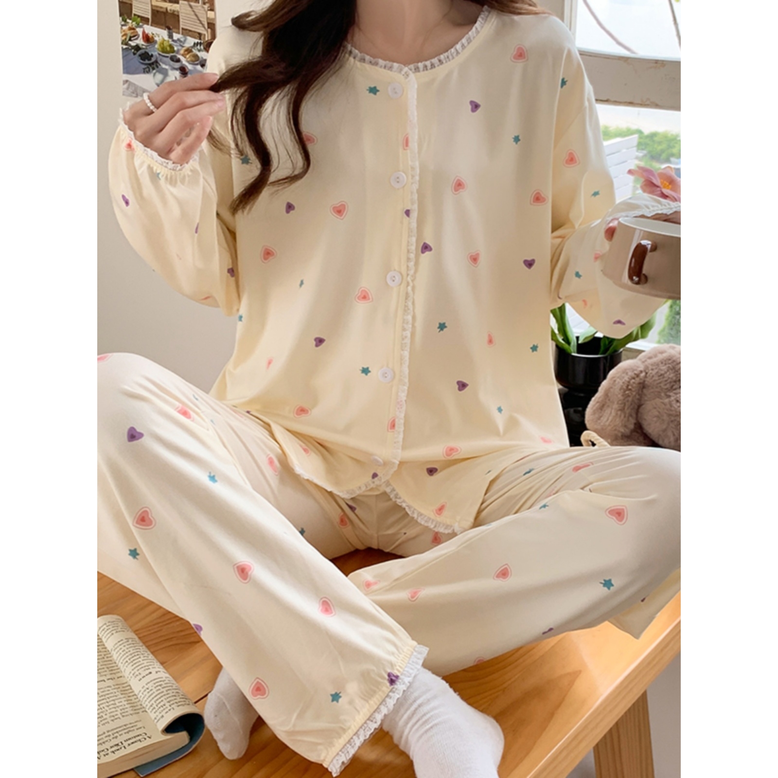 罗丽丝韩版睡衣女款春秋季纯棉长袖开衫简约风套装2024年新款冬天