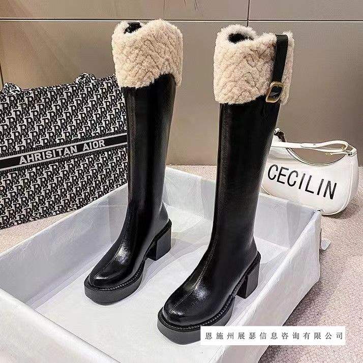 小个子高跟毛毛长筒靴女2025新款法式显瘦骑士靴增高筒加绒雪地靴