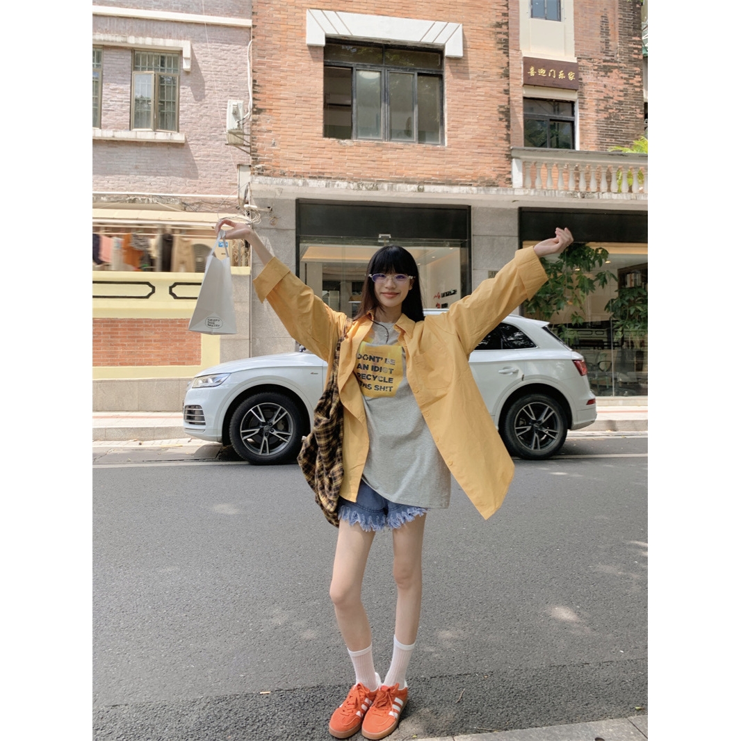 韩系黄色polo领长袖衬衫女夏季慵懒防晒外套宽松衬衣休闲开衫上衣