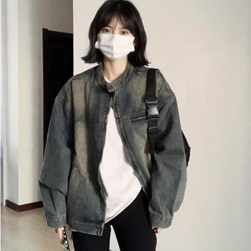 美式复古水洗做旧蓝色牛仔外套女春秋季设计感慵懒风工装夹克上衣