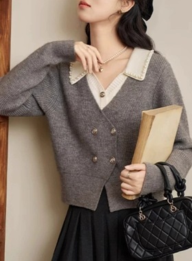 法式灰色假两件毛衣女2025秋冬新款小个子钉珠翻领长袖针织衫上衣