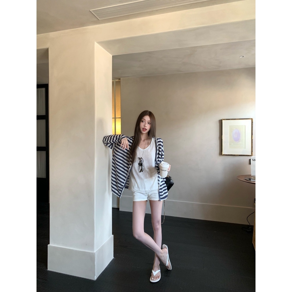 复古撞色条纹v领长袖防晒外套女夏季慵懒风宽松休闲薄款百搭上衣