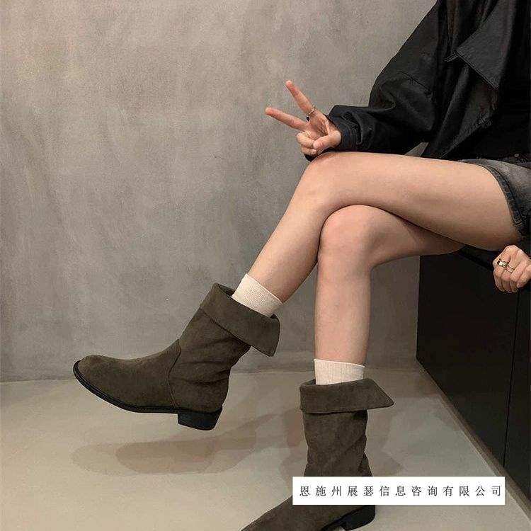 2025秋季新款堆堆靴粗跟短筒女靴子绒面卡其色短靴西部靴骑士靴女