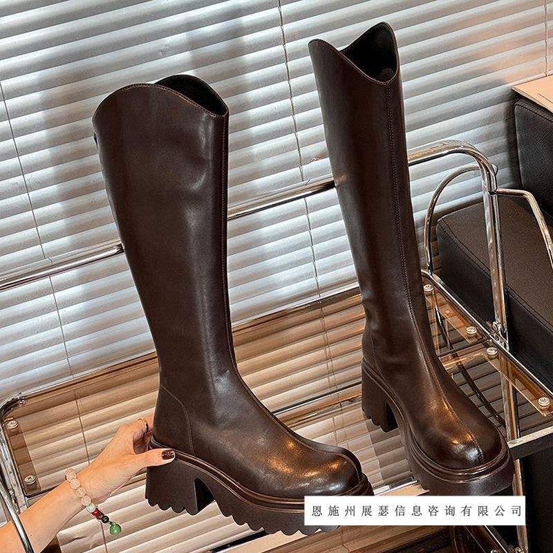mm大筒围长靴女百搭厚底高筒靴秋冬小个子骑士加绒保暖女