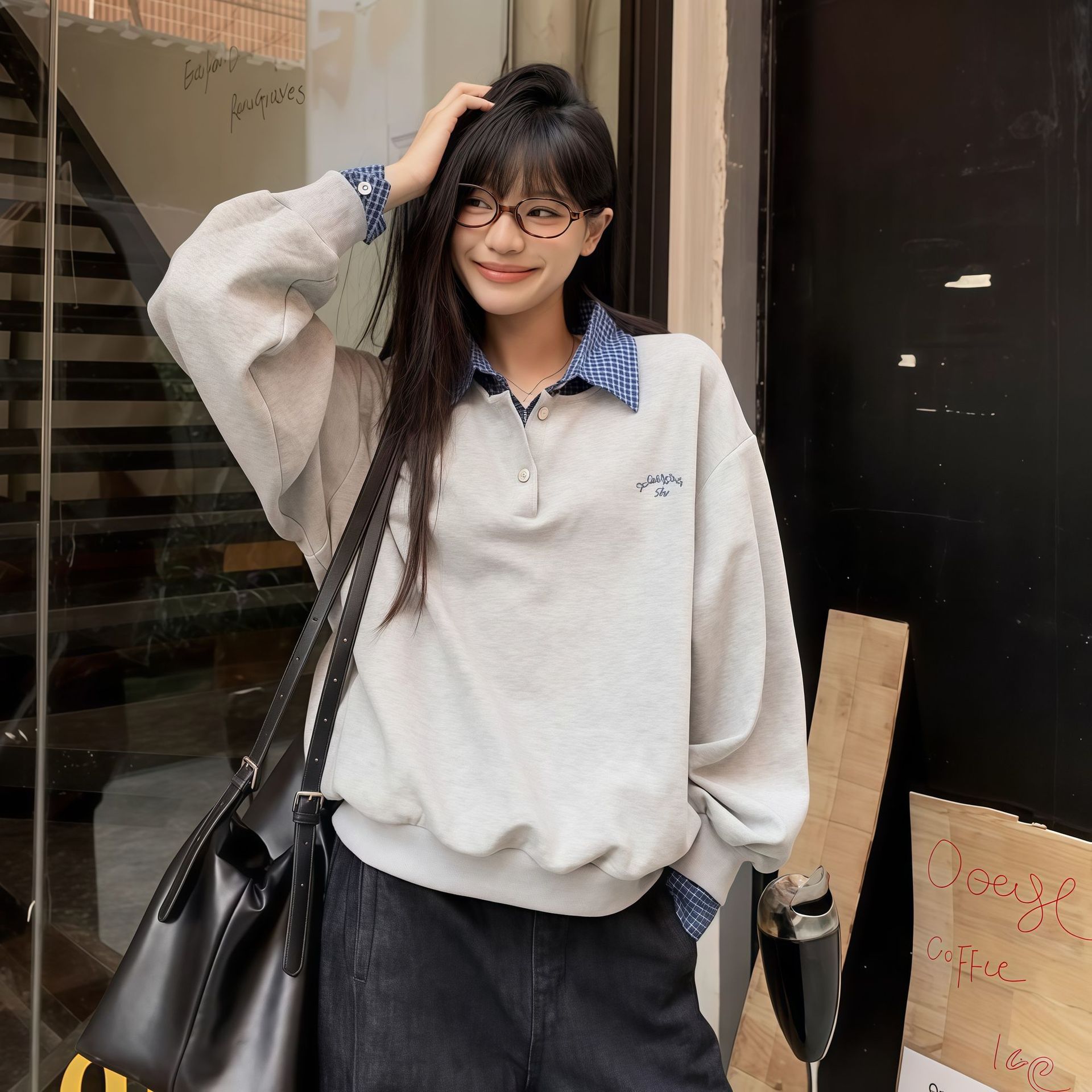 小众设计感韩版百搭假两件格纹poo领撞色卫衣女秋冬2025新款上衣