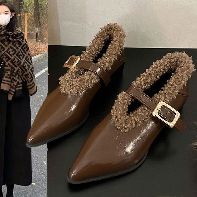 高跟鞋女加绒玛丽珍尖头单鞋毛毛鞋2025新款秋冬季时尚粗跟女鞋子