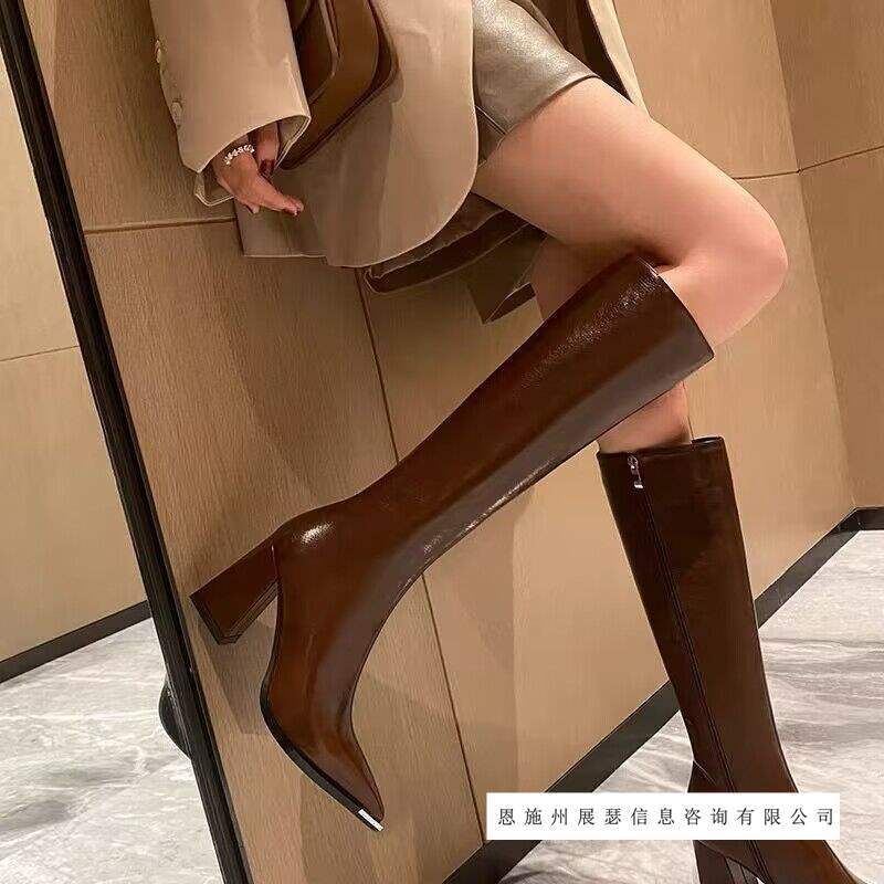 2025新款春夏软皮靴子女长筒靴尖头粗跟高跟骑士靴高筒靴棕色黑色