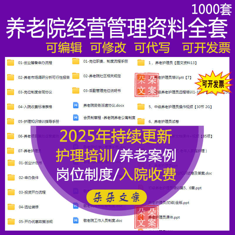 养老院敬老院运营管理资料创建筹办方案手册入院办理员工培训合同