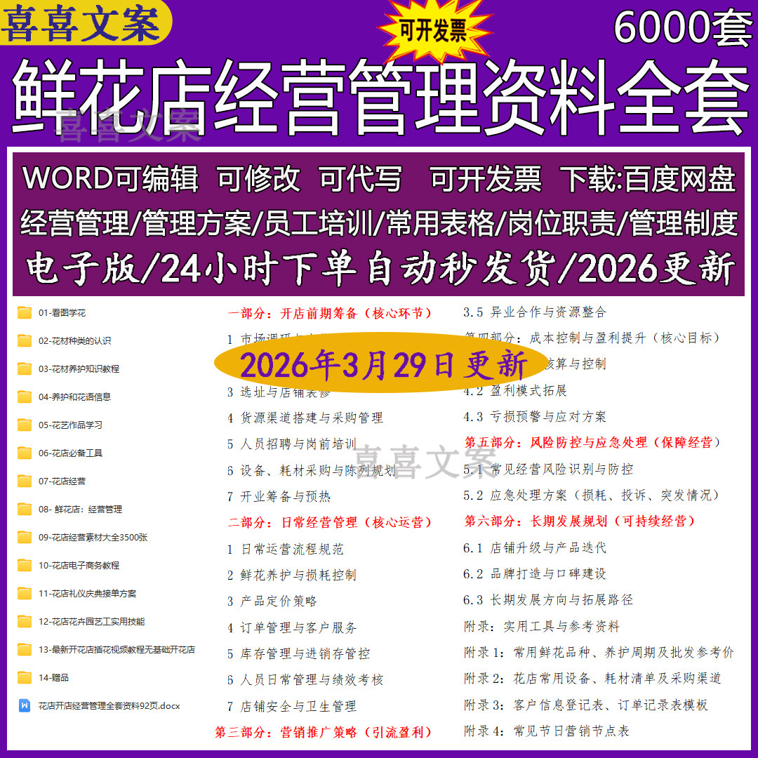 鲜花店选址装修人员招聘岗前培训运营流程规范及节日营销活动方案